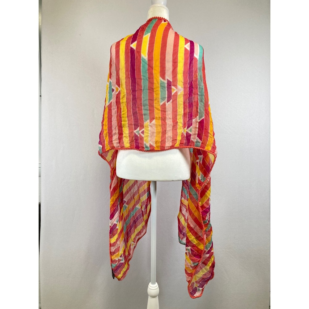 Boho‎ Made of Me Womens OS Multicolor Striped Pom Pom Trim Rayon Wrap Scarf